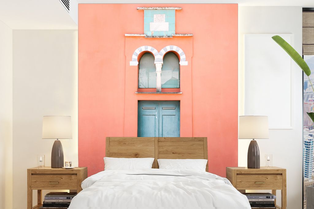 MuchoWow Fototapete für Wohnzimmer oder Schlafzimmer Wandtapete Vinyl Motivtapete Tür - Blau - Architektur - Rot - 175x240 cm - Schlafzimmertapete