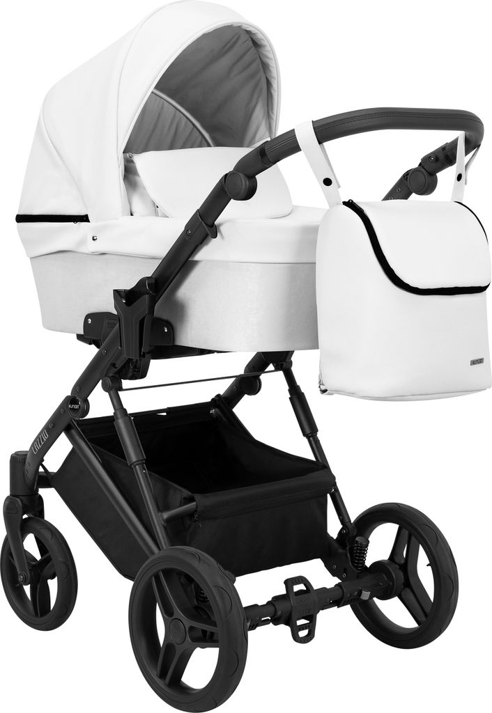 Kinderwagen LAZZIO Babywagen Babyschale Kinder Wagen Set 1 in 1 (weiß eco, Rahmenfarbe: Schwarz)