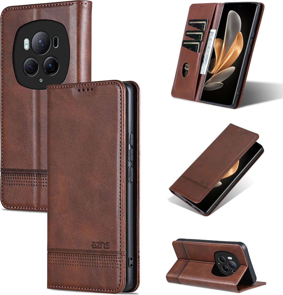 Leder Hülle für Honor Magic6 Pro, Klapphüllen Brieftasche Magnetverschluss Ständer Schutzhülle Kaffee