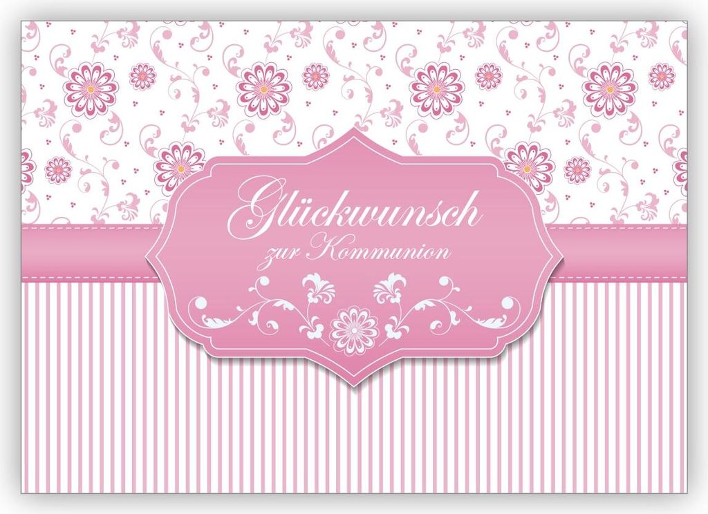 Schöne Kommunions Grußkarte als Gratulation des Kommunions Kindes mit Blümchen und Streifen, rosa: Glückwunsch zur Kommunion