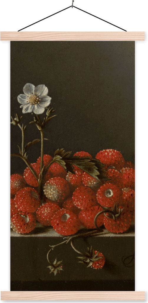 MuchoWow Textilposter Stilleben mit Walderdbeeren - Gemälde von Adriaen Coorte 60x120 cm mit holzfarbenen Rahmen - Holz