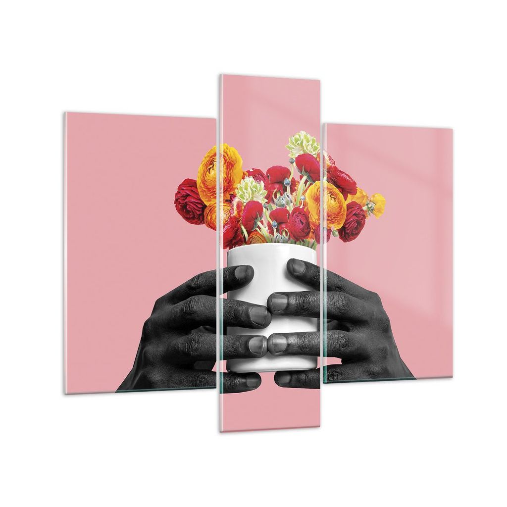 Bilder auf glas - 3 Teile - Schwarz Hände Blumen - 95x80cm - Glasbilder - Wandbilder - Bilder - zum Aufhängen bereit - Wanddekoration aus Glas - ...