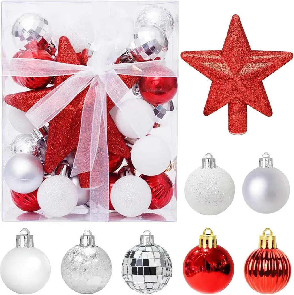 Boules de Noël 3cm légères pour petit sapin : lot de 30 rouge blanc