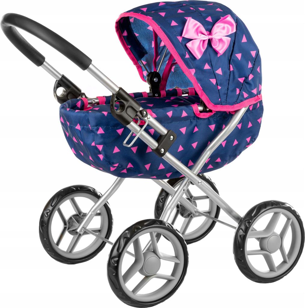 Puppenwagen KP0260T – Klappbarer Gondelwagen für Puppen – Marineblau mit rosa Dreiecken – Kinder Spielzeug