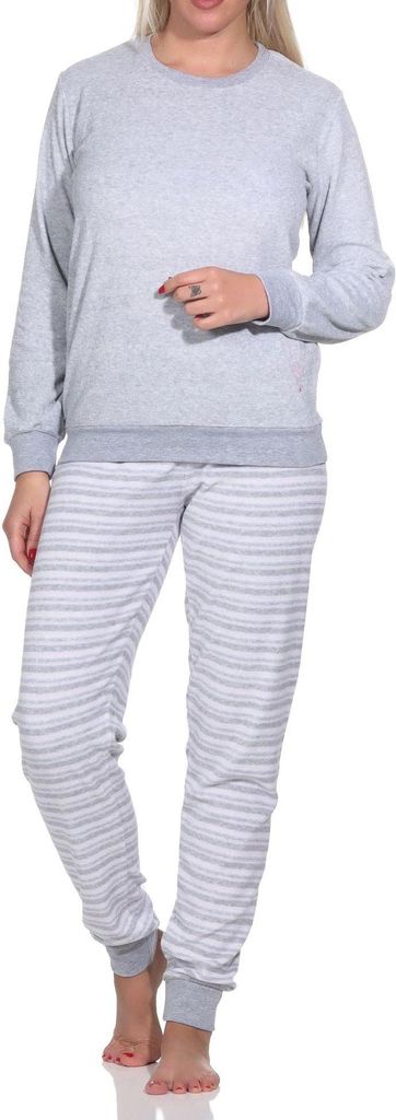 Damen Frottee Schlafanzug lang mit Bündchen und floraler Applikation - auch in Übergröße ; rosa , 40