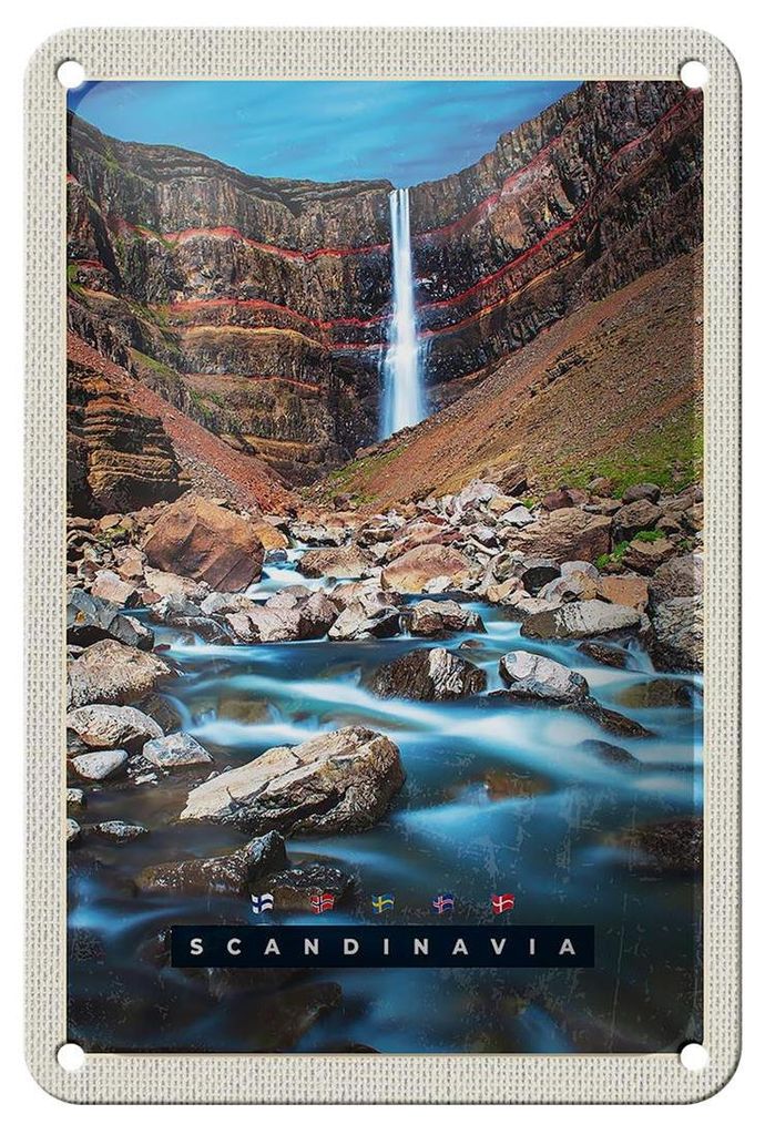 Blechschild Reise 12x18cm Skandinavien Fluss Steine Wasserfall Schild