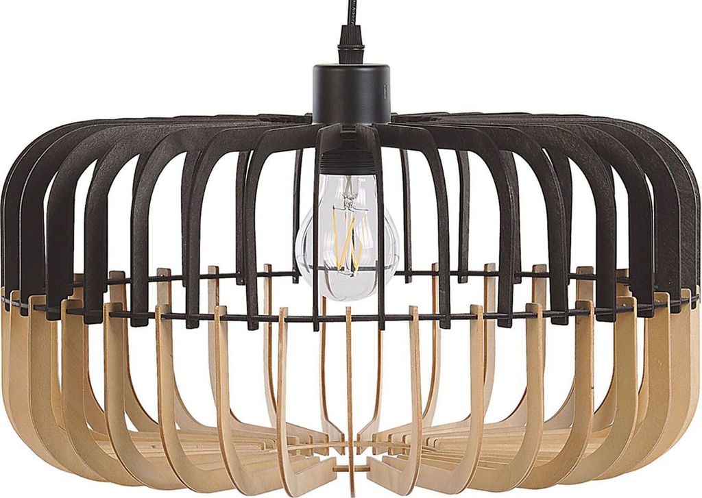 BELIANI Hängeleuchte heller Holzfarbton/Schwarz MDF-Platte/ Metall mit Schirm in Trommelform skandinavischer Stil für Kücheninsel Wohn- und Essz...