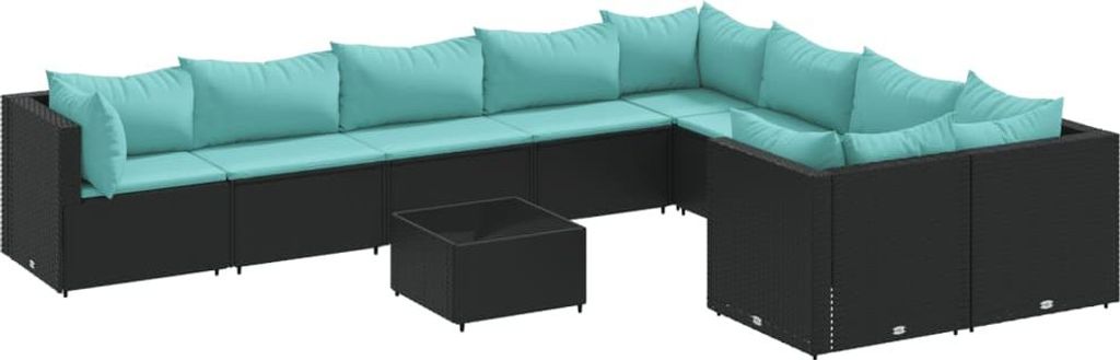 10-tlg. Garten-Sofagarnitur mit Kissen Schwarz Poly Rattan