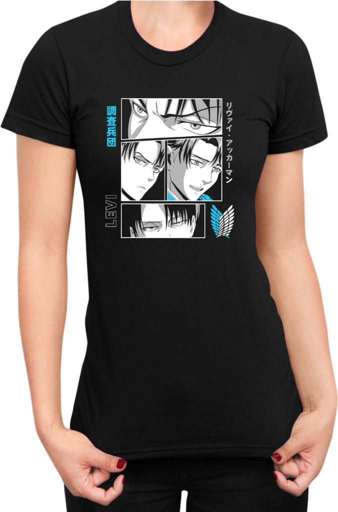 Damen T-Shirt Japan Anime Manga Attack Anime On Titan Levi Ackerman 07 Levi Faces, Lady XS / Schwarz