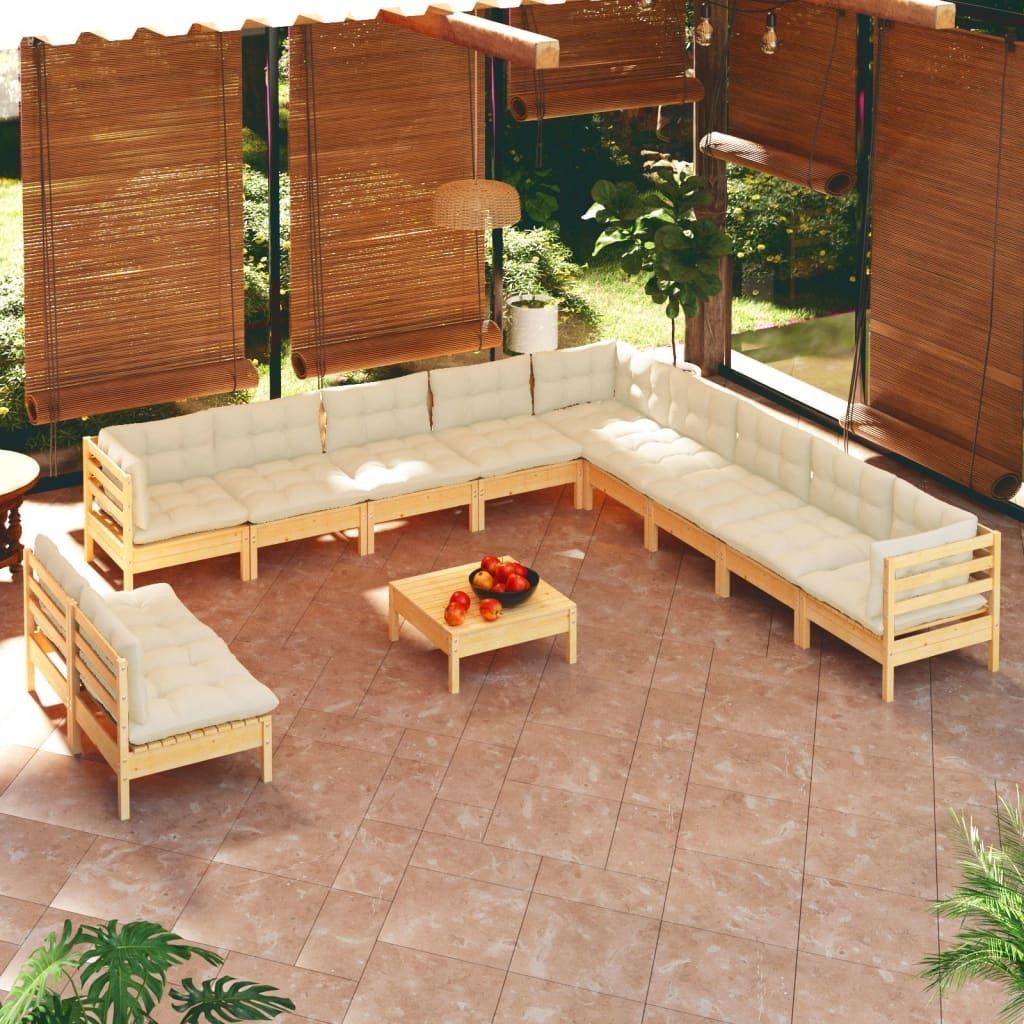 "2024 Moderne" 12-tlg. Garten-Lounge-Set mit Creme Kissen Massivholz Kiefer - Gartenset Sitzgruppeen Neu5169418