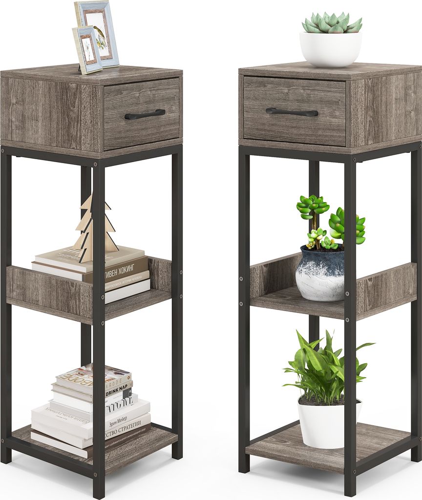 COSTWAY 2er 3 Etagen Blumenständer mit Schublade & Kippsicherung, Blumentreppe bis 60kg, Blumenregal Metall Holz 30,5x30,5x92cm