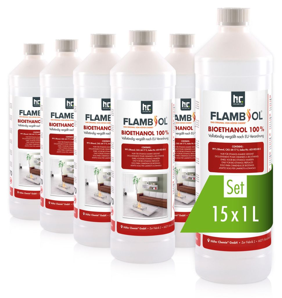 15x 1 L FLAMBIOL® Bioethanol Hochrein 100 % in Flaschen für Produktbild 