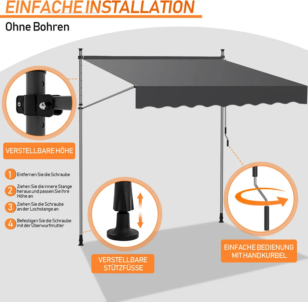 Tenda da sole a pinza Aopunly 350x120cm Tenda da sole per balcone regolabile in altezza con manovella Protezione solare senza foratura per terrazza e balcone Grigio - 5