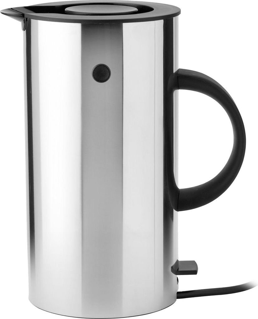 A studio shot of a stainless steel electric kettle with a black handle and lid.