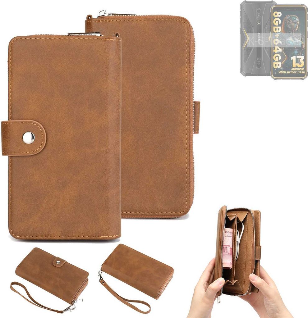 K-S-Trade Handyhülle Schutzhülle kompatibel mit Ulefone Armor X12 Pro & Portemonnee Tasche Handytasche Case Etui Geldbörse Wallet braun (1x)