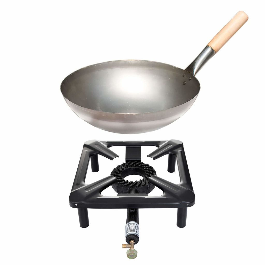 Hockerkocher-Set (klein) mit Stahl-Wok Ø 30 cm - ohne Zündsicherung - ohne Gaskartusche