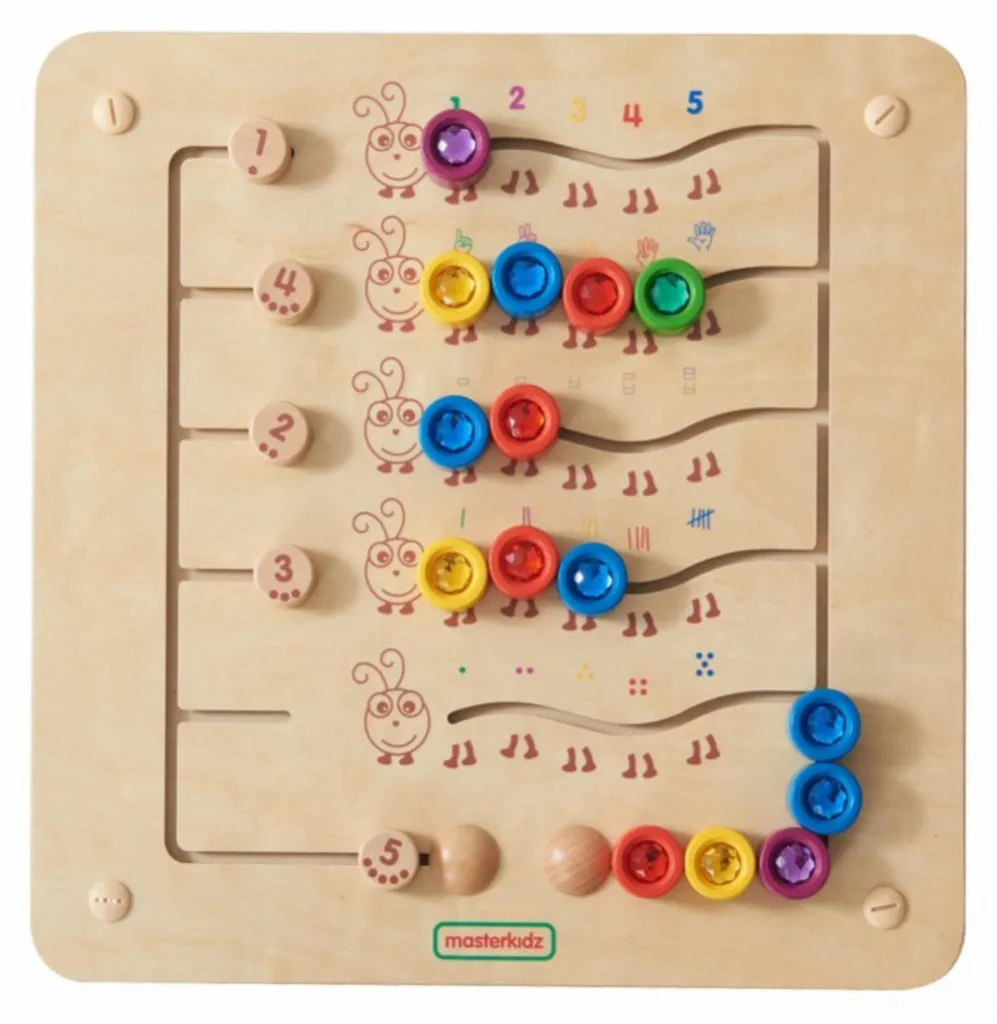 Tableau éducatif Montessori en bois avec chenilles multicolores