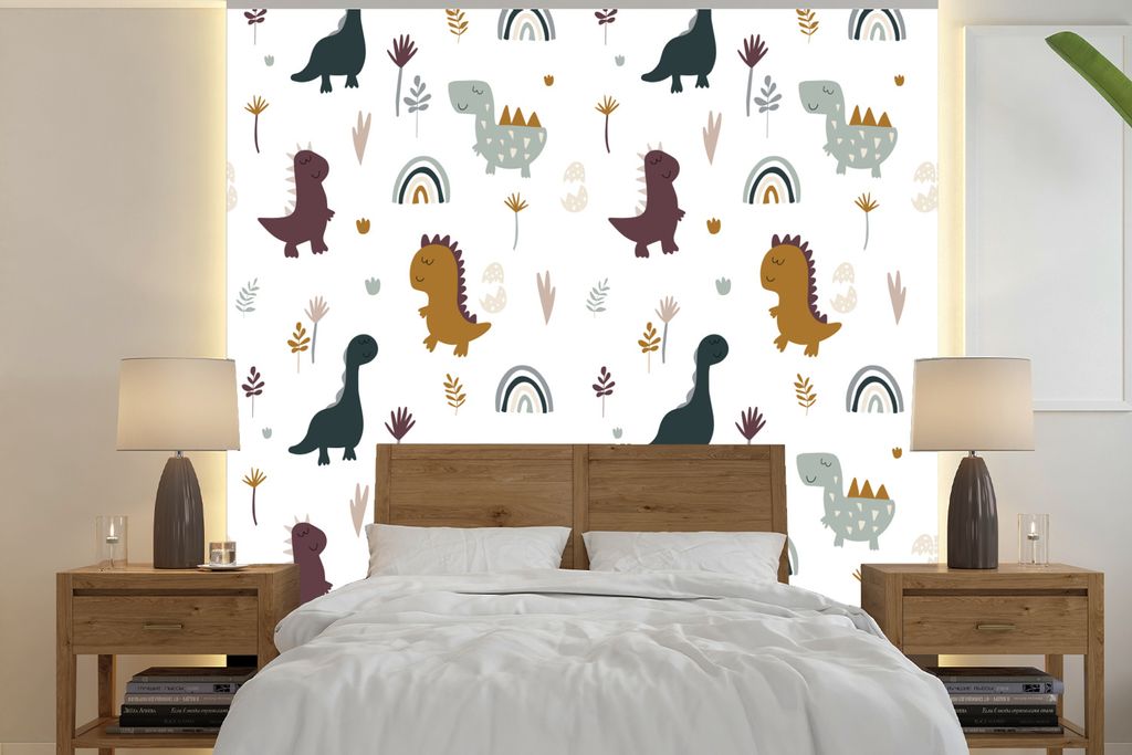 MuchoWow Fototapete für Wohnzimmer oder Schlafzimmer Wandtapete Vinyl Motivtapete Schnittmuster - Jungen - Dino - 220x220 cm - Tapeten