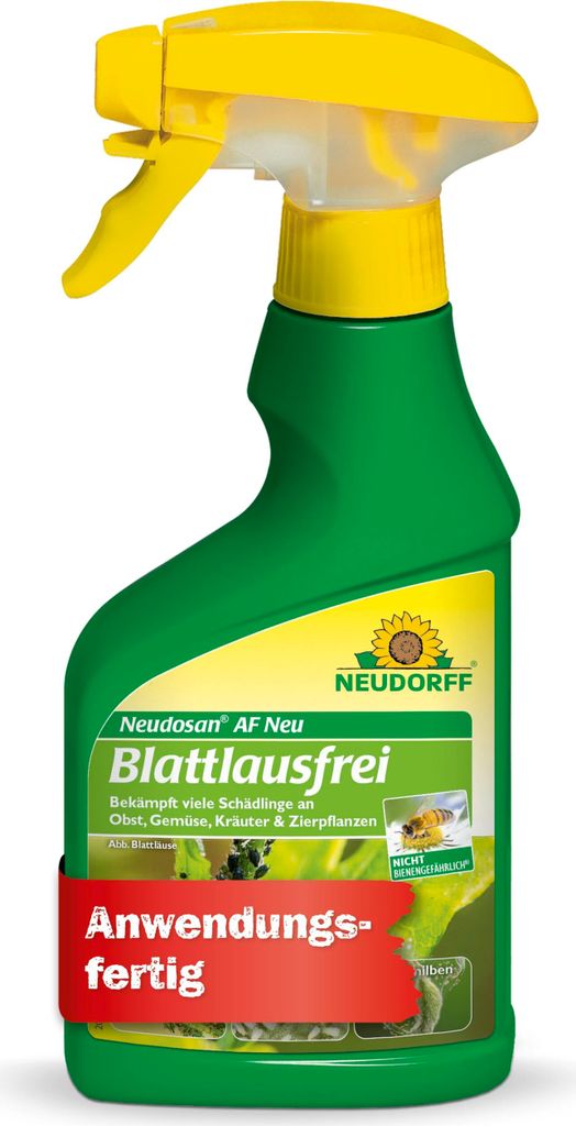 A green spray bottle with a yellow trigger and cap, featuring a label with product information and graphics.