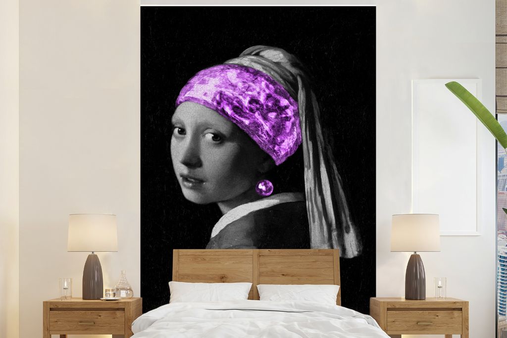MuchoWow Fototapete für Wohnzimmer oder Schlafzimmer Wandtapete Vinyl Motivtapete Das Mädchen mit dem Perlenohrring - Johannes Vermeer - Lila -...