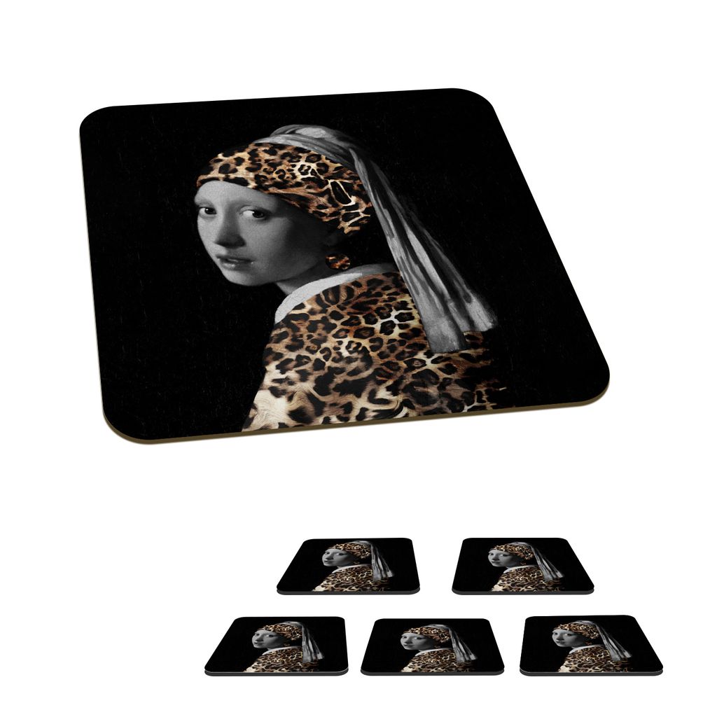 KitchenYeah Glasuntersetzer Quadratisch 6er Set Das Mädchen mit dem Perlenohrring - Pantherdruck - Johannes Vermeer 10x10 cm Untersetzer für Gl...