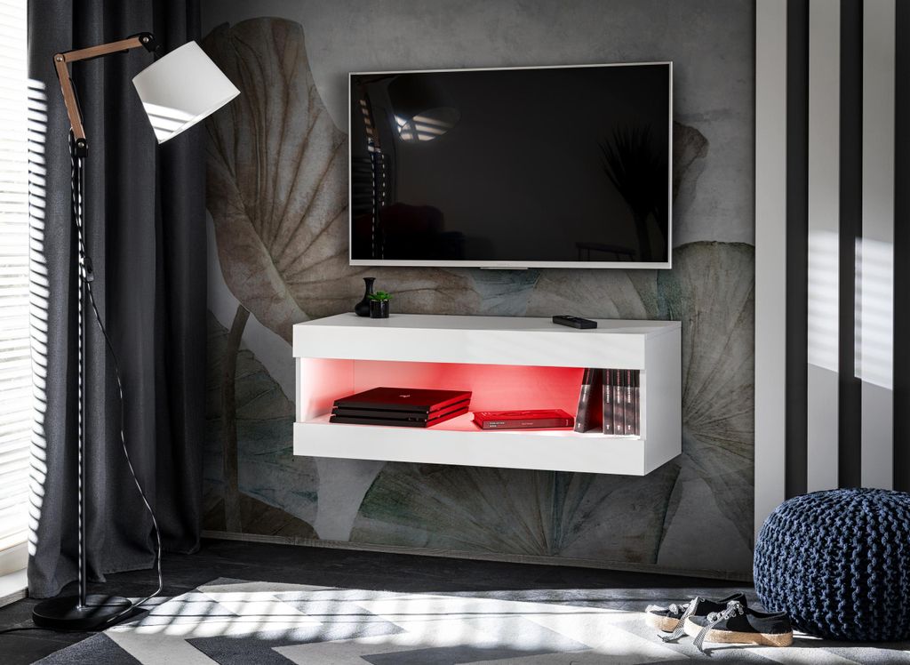 TV Schränk, Tivoli RTV2, Weiß/Weiß, Breite 100cm x Höhe 36cm x Tiefe 35cm, LED RGB, für das Wohnzimmer, Schlafzimmer