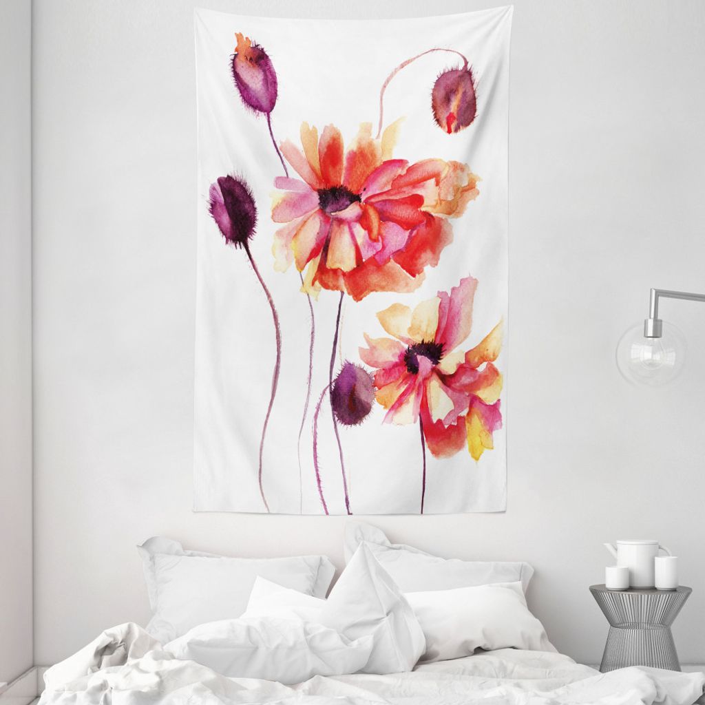 ABAKUHAUS Blume Wandteppich und Tagesdecke, Aquarell Mohnblumen-Knospen aus Weiches Mikrofaser Stoff Waschbar ohne Verblassen Digitaldruck, 140 x 2...