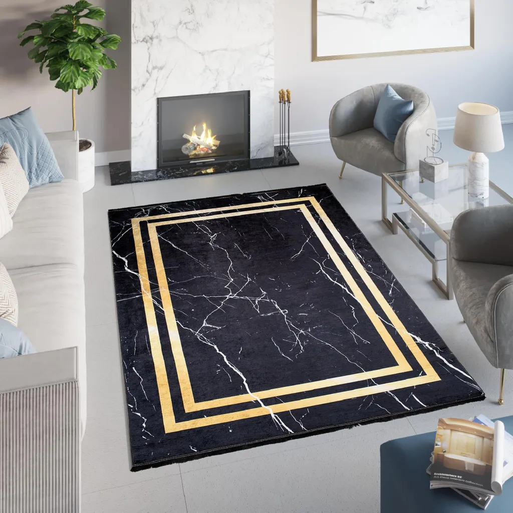 Grand Tapis de Passage Moderne Noir et Doré TOSCANA Salon en 80x200 cm