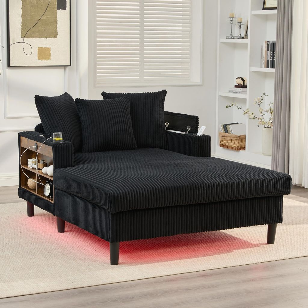 okwish Multifunktionaler Cord-Liegesessel Schlafsofa mit LED-Beleuchtung und beidseitige Getränkehalter 1-Sitzer-Sofa Loungesofa mit USB-Ladeport ...