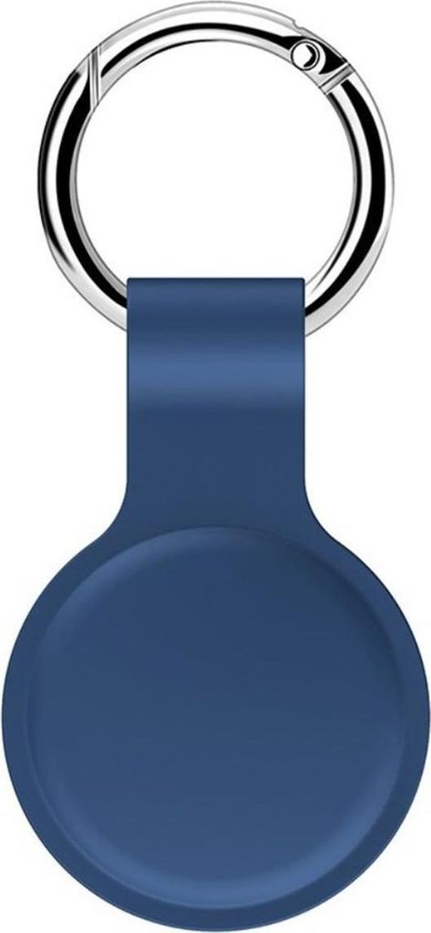 A blue silicone keychain holder for an Apple AirTag attached to a silver keyring.