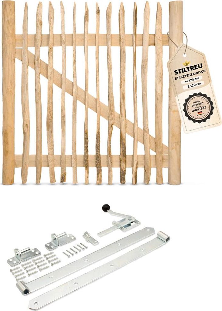 Classic Staketenzaun-Tor Set (silber) aus Edelkastanie, Breite 120 cm, Höhe 120 cm (genagelte Ausführung)
