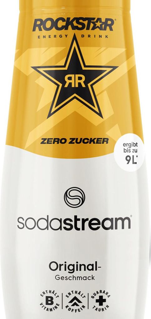 Close-up of a bottle of Sodastream syrup with Rockstar Energy branding.