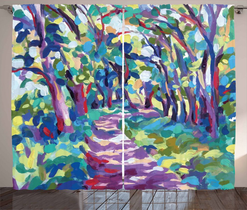 ABAKUHAUS Kunst Rustikaler Gardine, Waldland-Natur bunt, Schlafzimmer Kräuselband Vorhang mit Schlaufen und Haken, 280 x 225 cm, Mehrfarbig