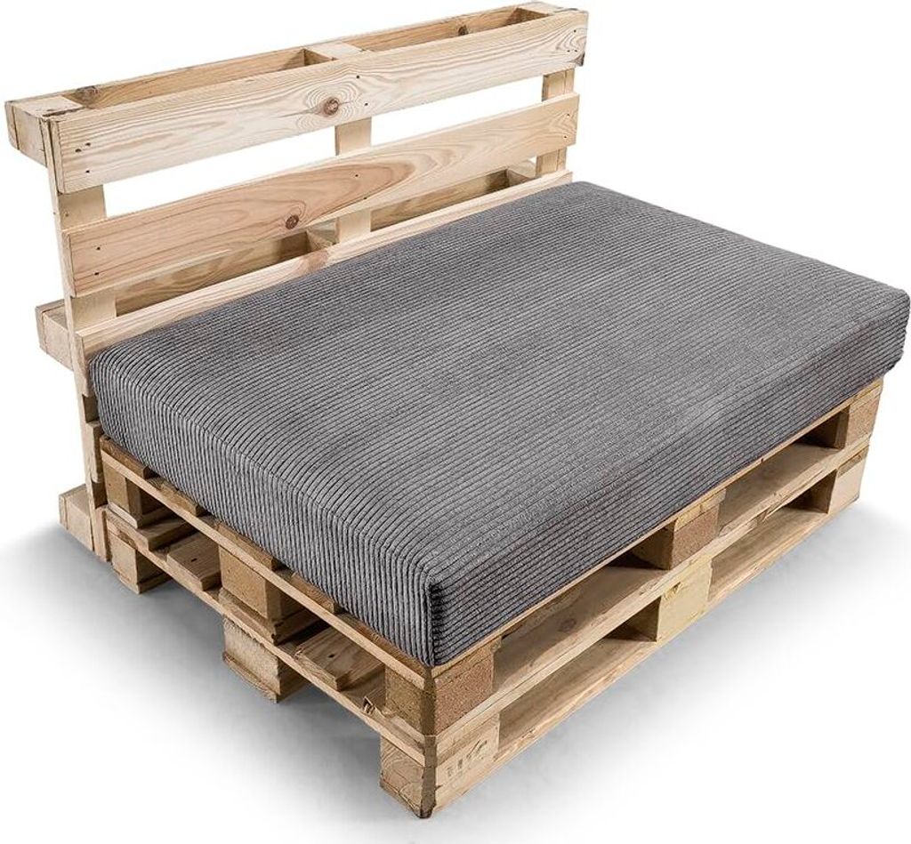 A sofa cushion set made from wooden pallets and a dark gray cushion.
