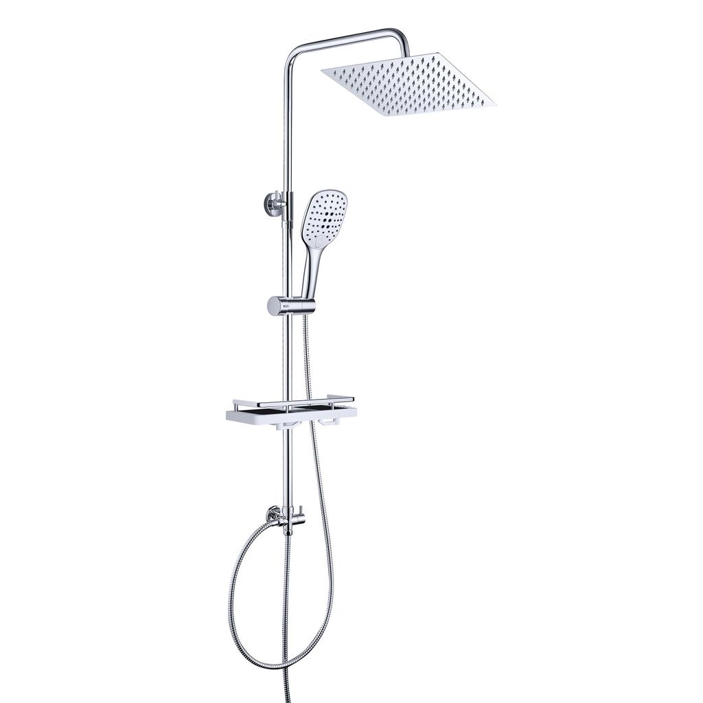 JOHO Edelstahl Regendusche Duschsystem Duschset Duschstange mit Ablage Chrom(Kopfbrause 25x25cm)