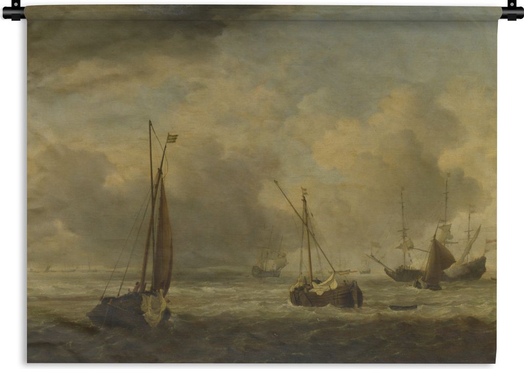 MuchoWow Wandteppich Wandbehang Willem van de Velde - Niederländische Schiffe und kleine Schiffe vor der Küste im Wind 60x45 cm Tapisserie Deko...