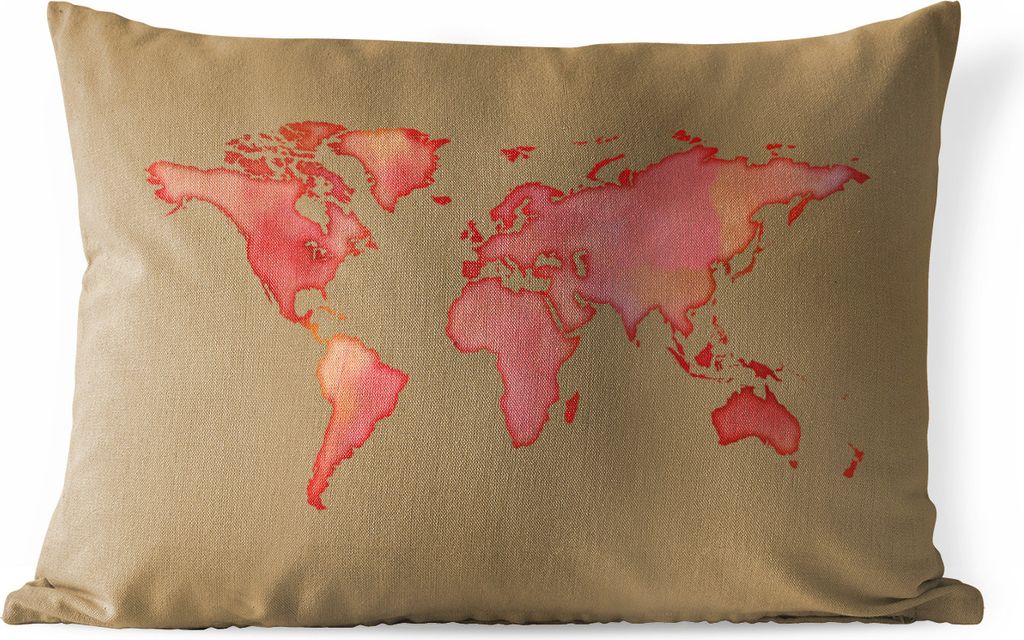 MuchoWow Outdoor Kissen - Weltkarte - Rot - Aquarell - 60x40 cm - Wetterfest - Lounge Kissen - Zierkissen - Kissen für Innenräume