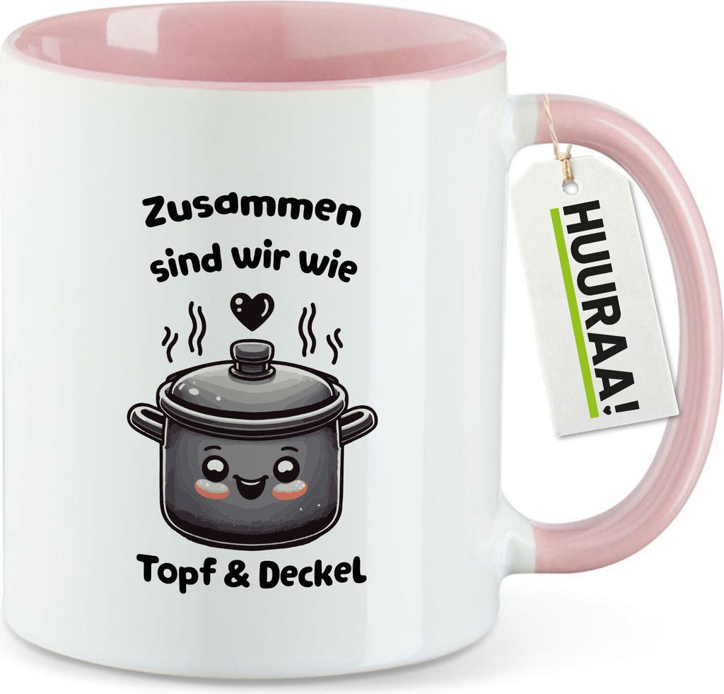 Huuraa Kaffeetasse Zusammen sind wir Dopf und Deckel 330ml Rosa Keramik Kaffeebecher Geschenkidee