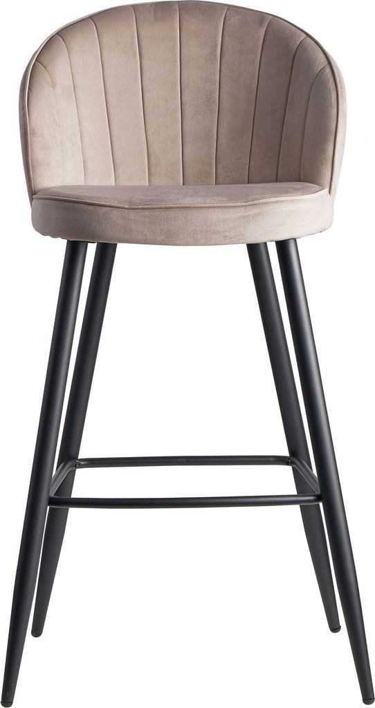 A bar stool with a beige velvet seat and black metal legs, shown from the front on a white background.