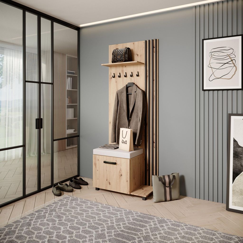Garderobenschrank LIVIA - Hochschrank mit Aufhängern, Schuhschrank, Eiche Artisan, Lamellen in Schwarz, Sitzkissen in Hellbeige, Rechts