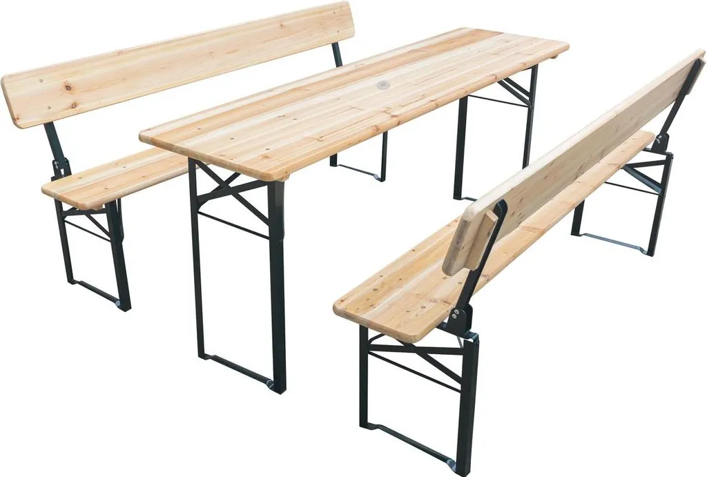 Set de jardin pliant type brasserie en bois avec bancs dossier confort