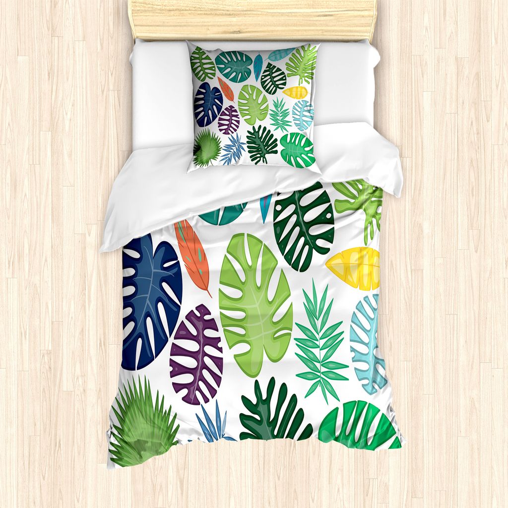 ABAKUHAUS Philodendron Bettbezug Set für Einzelbetten, Bunte mutige Blätter, Milbensicher Allergiker geeignet mit Kissenbezug, 135 cm x 200 cm - ...