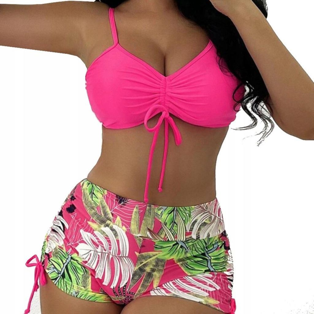 Badeanzug - Zweiteilig - Damenkostüm - Hoher Schnitt - Bikini mit Shorts - Bindeband - Rosa - Mit Muster - M