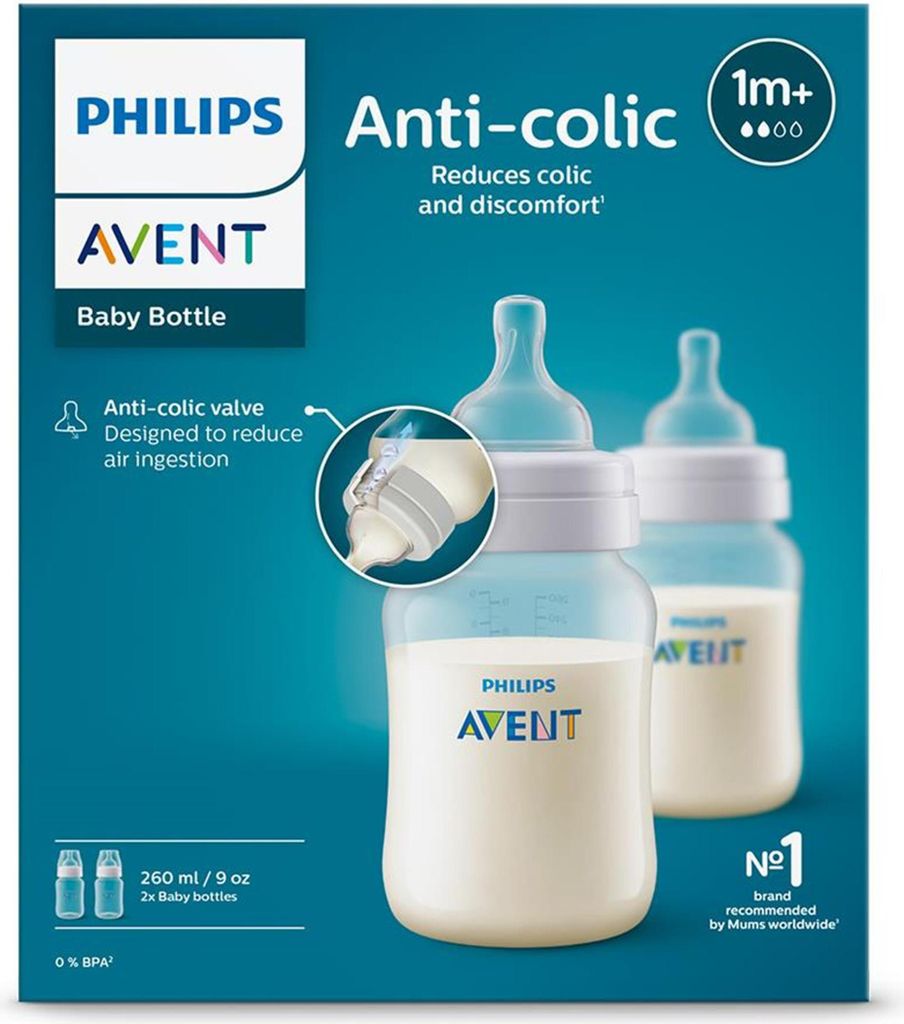 The image shows the packaging of Philips AVENT Anti-Colic baby bottles.