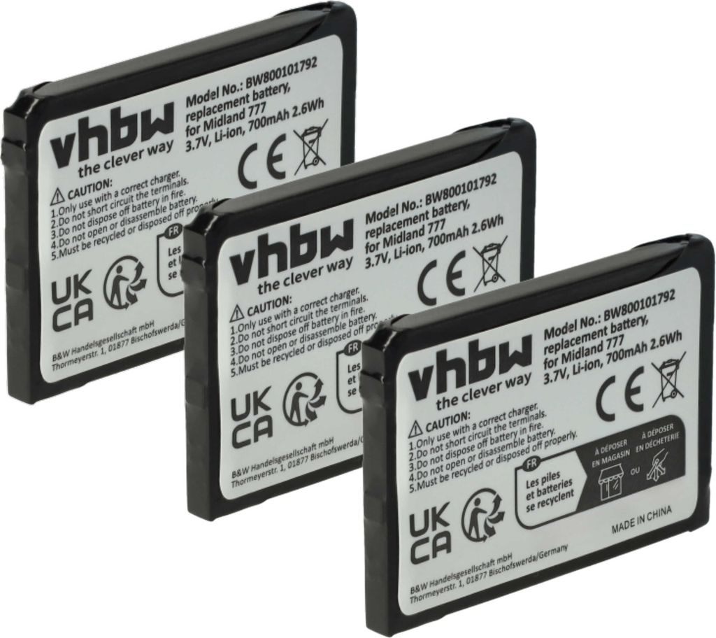vhbw 3x Akku kompatibel mit Alan 777 Funkgerät, Walkie Talkie (700 mAh, 3,7 V, Li-Ion)