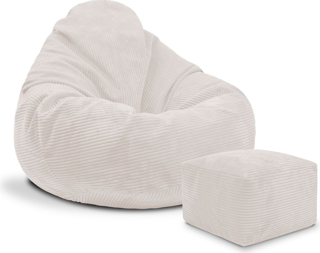 Dreamroots Bean Bag 90x90x100 cm Sitzsack mit Lehne und Hocker und Bezug Sitzkissen Boden Chill Sack Bubibag Sitzsack Sitzsack mit Füllung, White ...