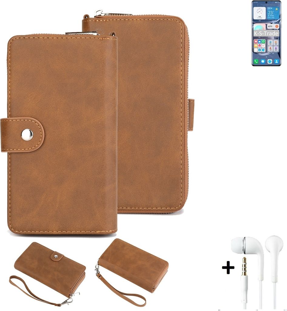 K-S-Trade Handy Schutz Hülle kompatibel mit Huawei P50 Pro SD888 + Kopfhörer Portemonnee Tasche Wallet-Case Bookstyle-Etui braun (1x)