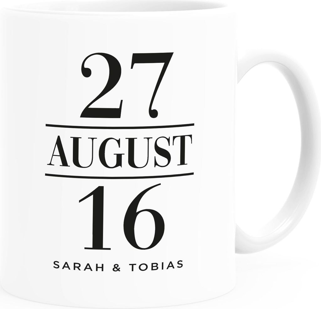 personalisierte Kaffee-Tasse Geschenk zur Hochzeit mit Namen und Datum Hochzeitsgeschenk Hochzeitstag SpecialMe Uni-Weiß Keramik-Tasse