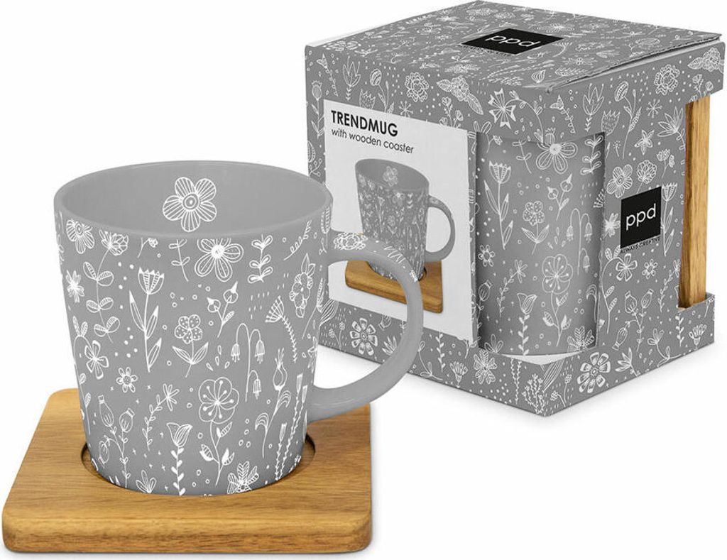 PPD Pure Flower Grey Trend Mug Nature, mit Holzuntersetzer, Tasse, Teetasse, Kaffee Becher, 350 ml, 604310