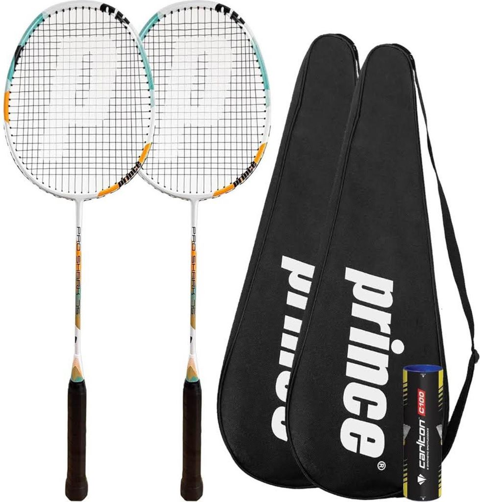 Prince Pro Shark Badmintonschläger Twin Set, inkl. Federbälle, schützende Tragetaschen, ideal für Freizeit und Wettkampf.